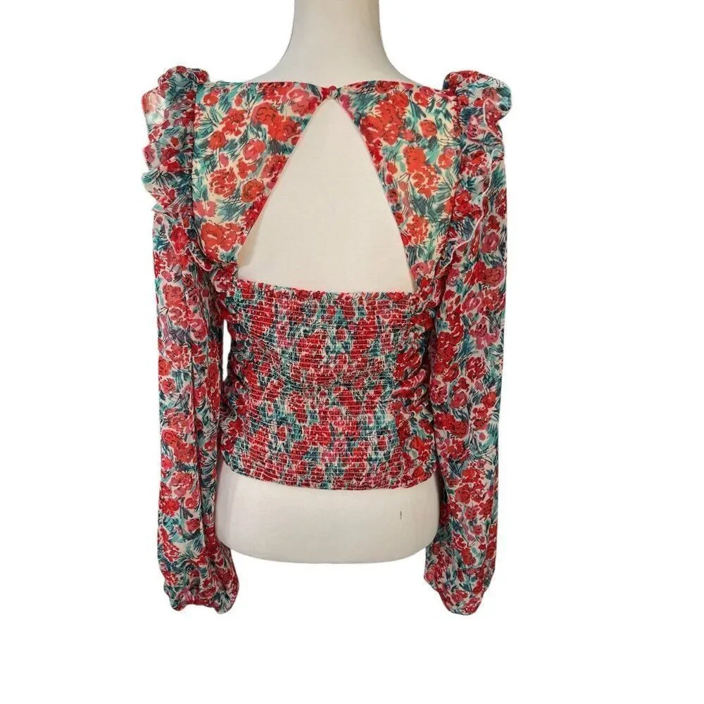 Free People Mabel Printed Floral Smocked Balloon Sleeve Blouse Red Size Medium